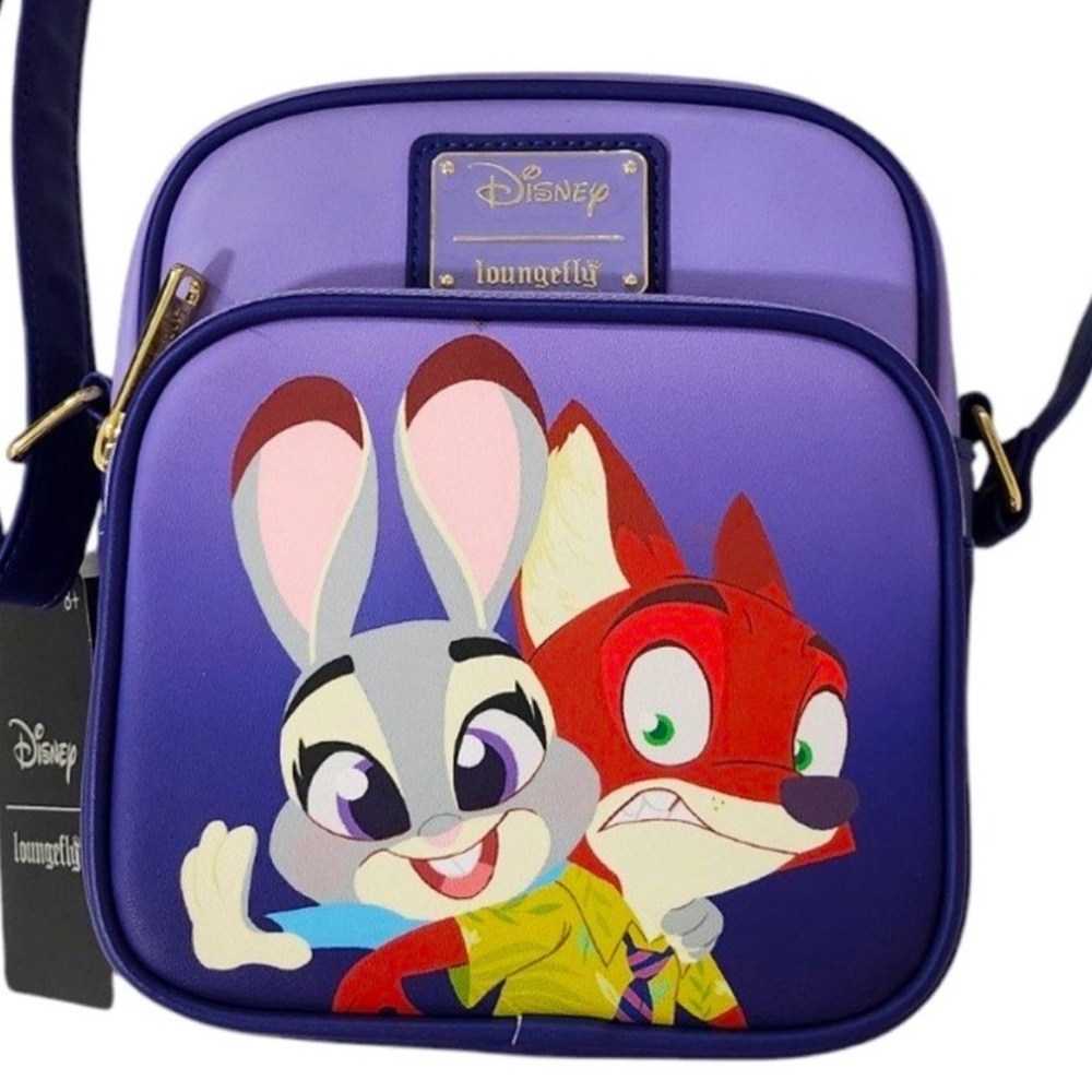 Disney Loungefly Zootopia Nick Wilde Judy Hopps Purple Medium Crossbody Bag Rare